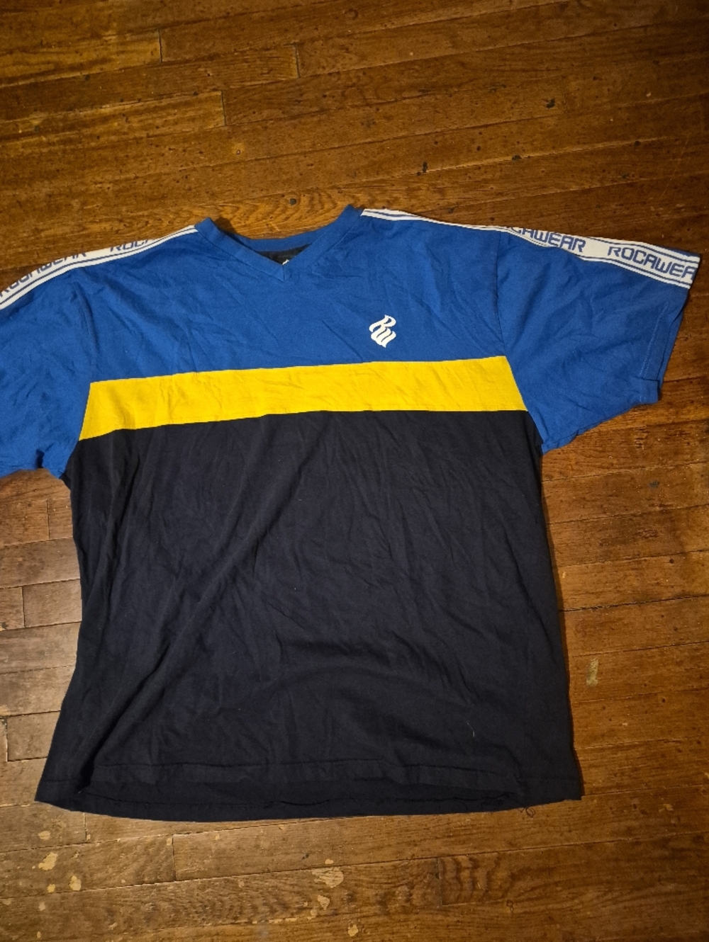 Rocawear Blue and Yellow Colorblock Men's V-Neck Shirt Mens Sz 5XL